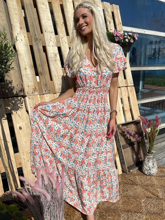 Saline - Beige sommerkjole med farverige blomster